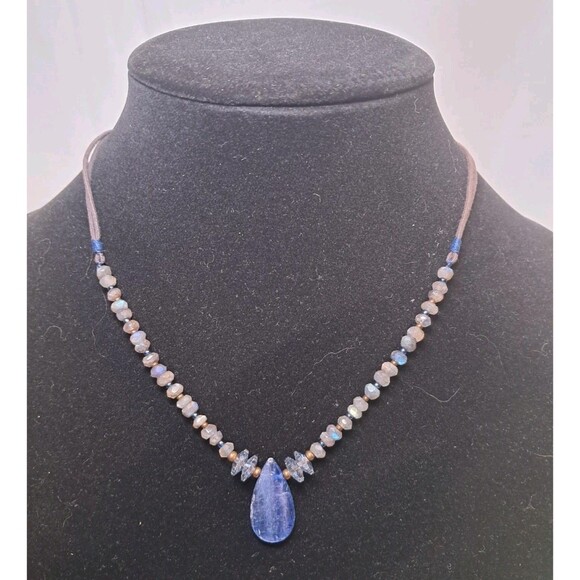 NWT Peyote Bird Free Spirit Blue Teardrop Gemstone On Leather Cord Necklace 17.5